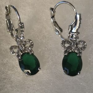 Silver Tone and Green Gemstone Earrings